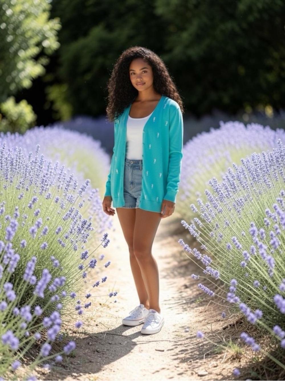 Charter Club Seahorse Embroidered Light Blue Fine Gauge Cardigan Sweater NWT